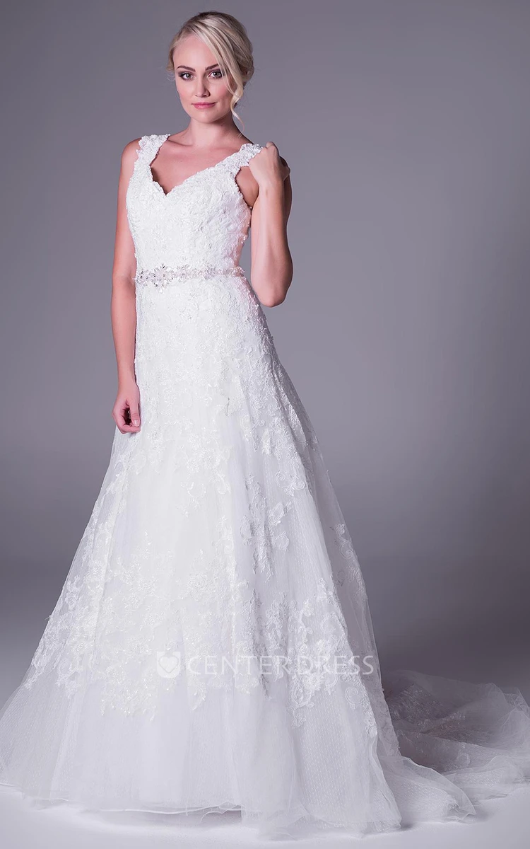 A-Line Sleeveless Appliqued Maxi V-Neck Lace Wedding Dress With Waist Jewellery