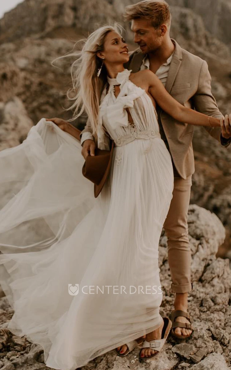 Greek A-Line Off-the-shoulder Tulle Wedding Dress With Button Back And Halter Neckline