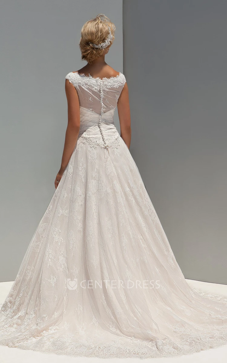 A-Line Cap-Sleeve Appliqued Long Scoop-Neck Lace Wedding Dress