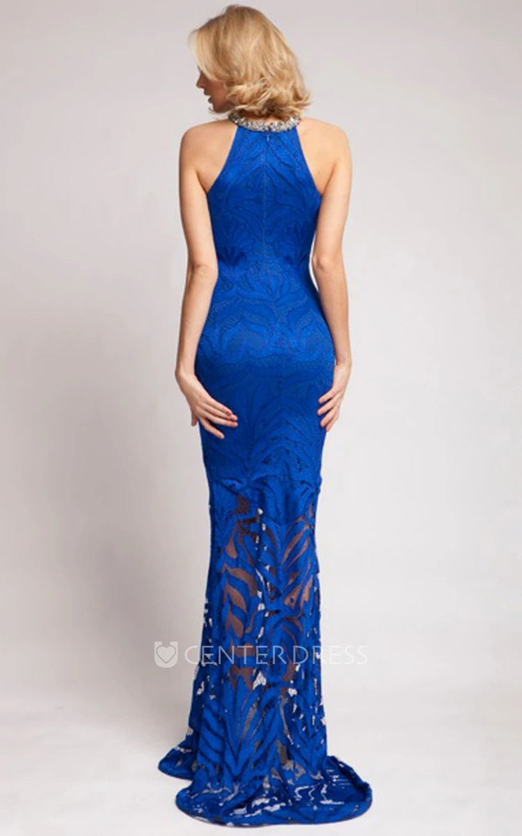 Pencil High Neck Beaded Sleeveless Maxi Lace Prom Dress With Zipper Back And Sweep Train