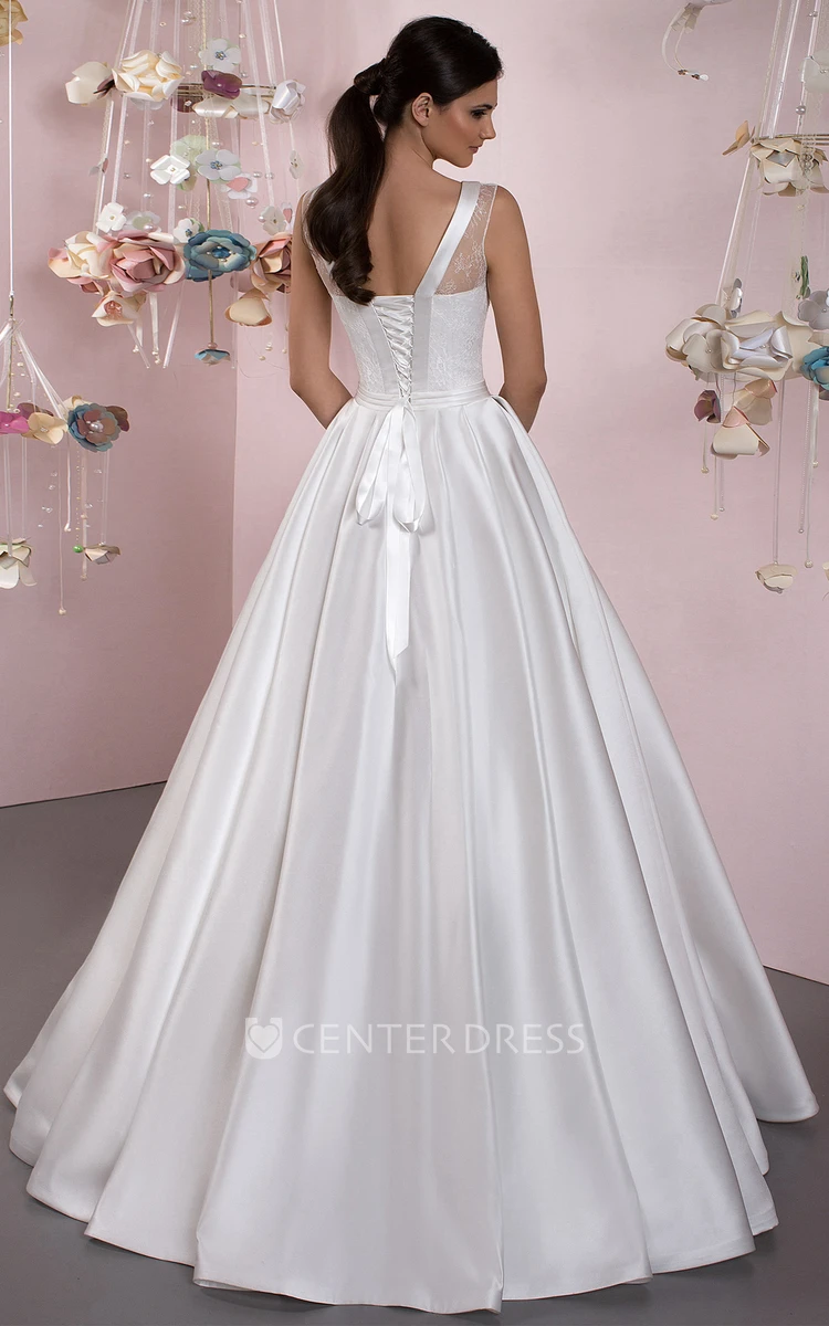 A-Line Lace Sleeveless Scoop Floor-Length Satin Wedding Dress With Lace-Up Back And Bow