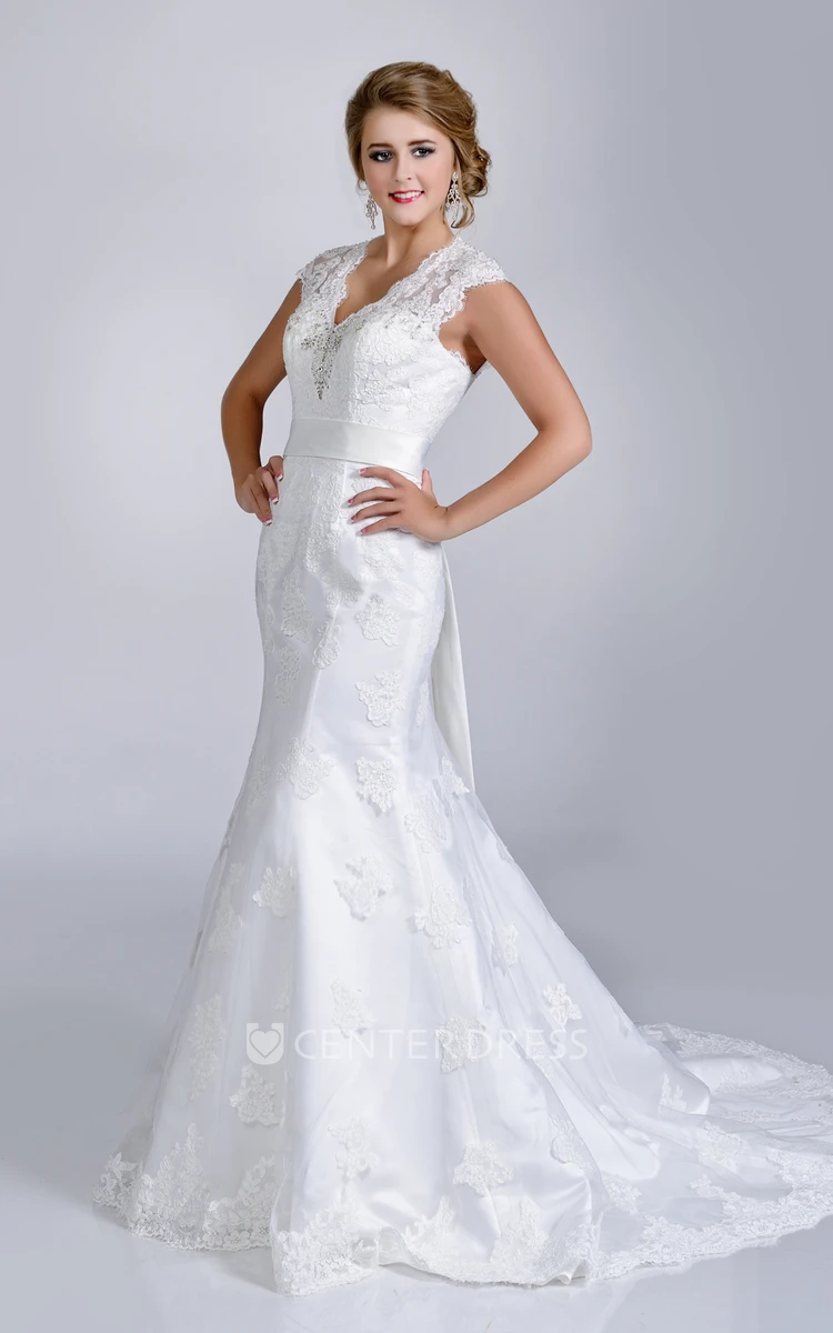 V-Neck Mermaid Lace Wedding Dress Featuring Shining Embellishment And Keyhole Back