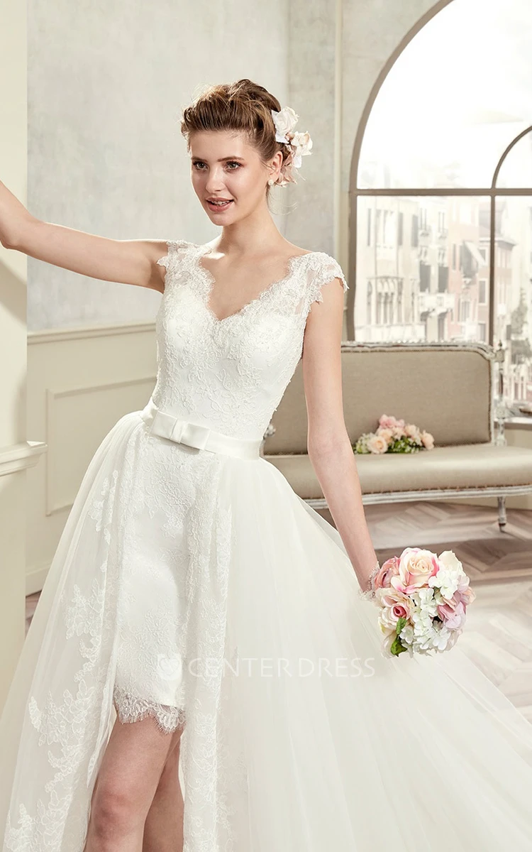 V-Neck Cap-Sleeve Short Lace Wedding Dress With Detachable Overlayer And Open Back