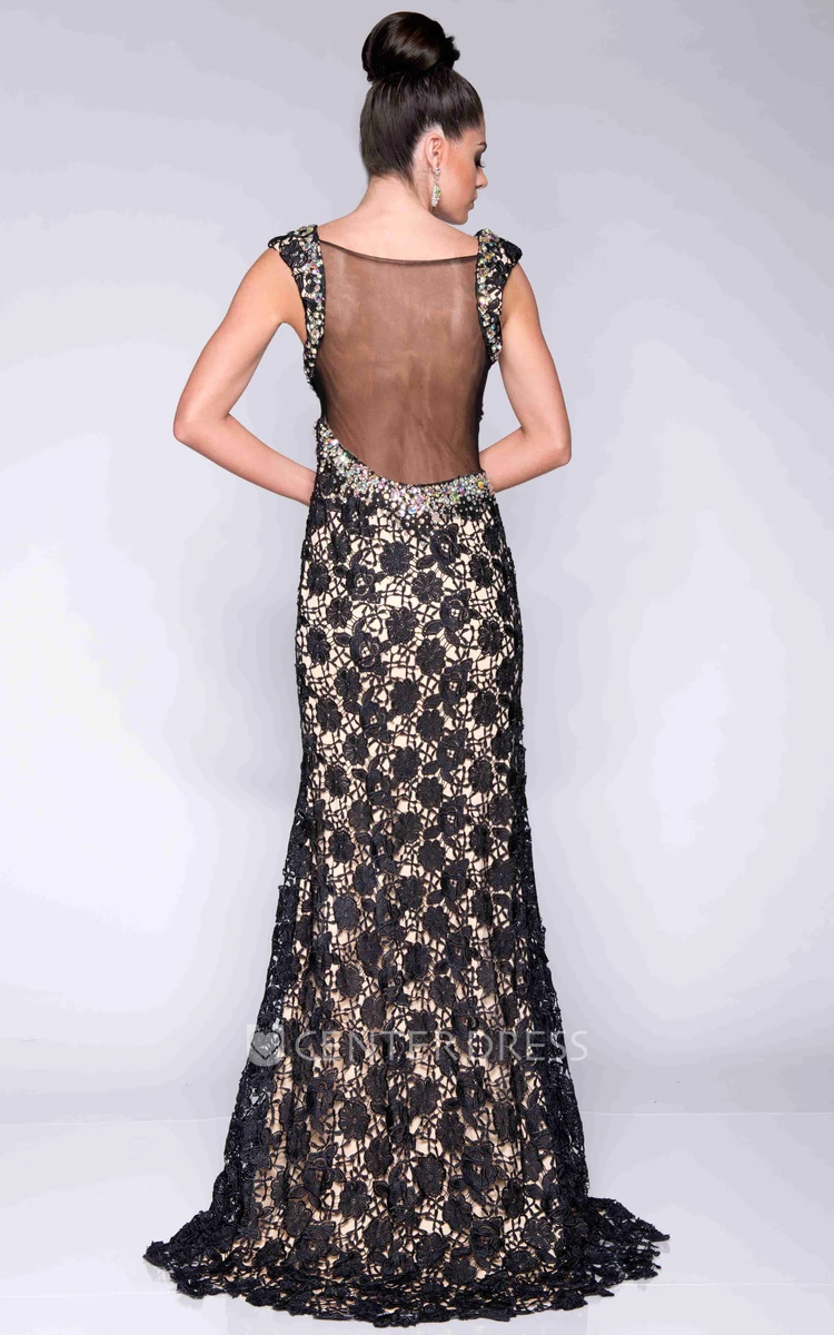 Lace V-Neck A-Line Sleeve Side Slit Prom Dress With Illusion Back