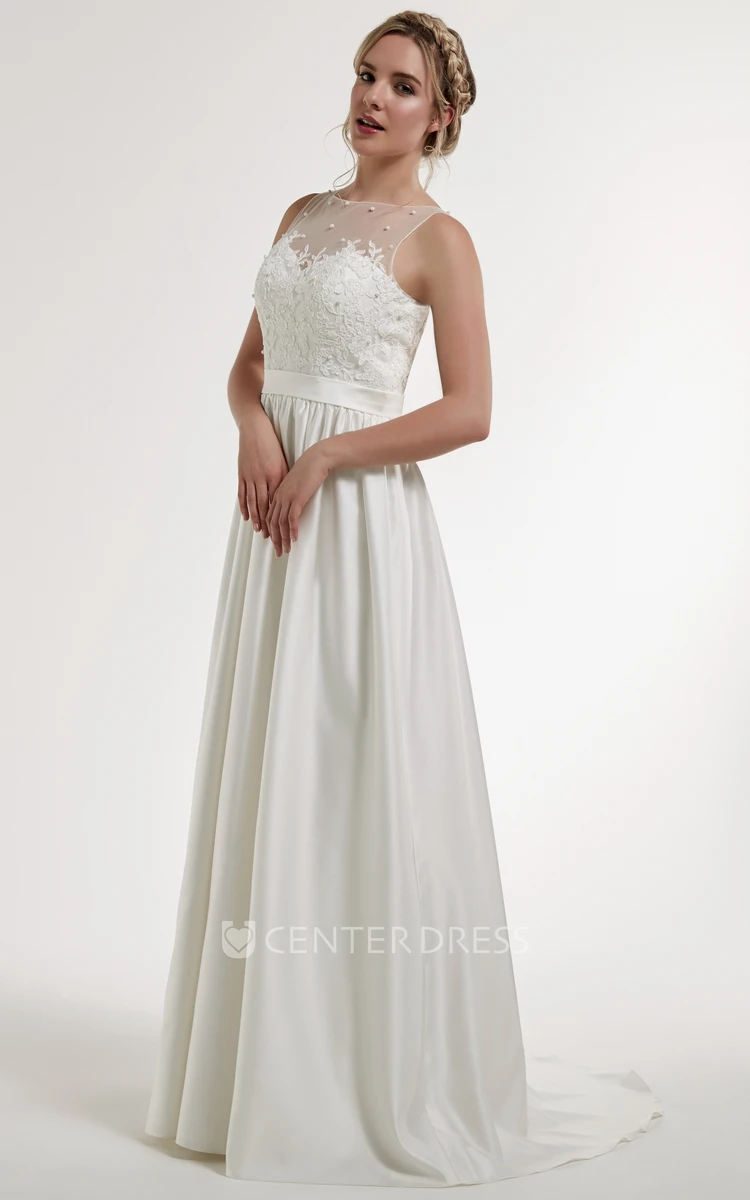 A-Line Appliqued Floor-Length Sleeveless Bateau Satin Wedding Dress With Illusion Back And Sweep Train