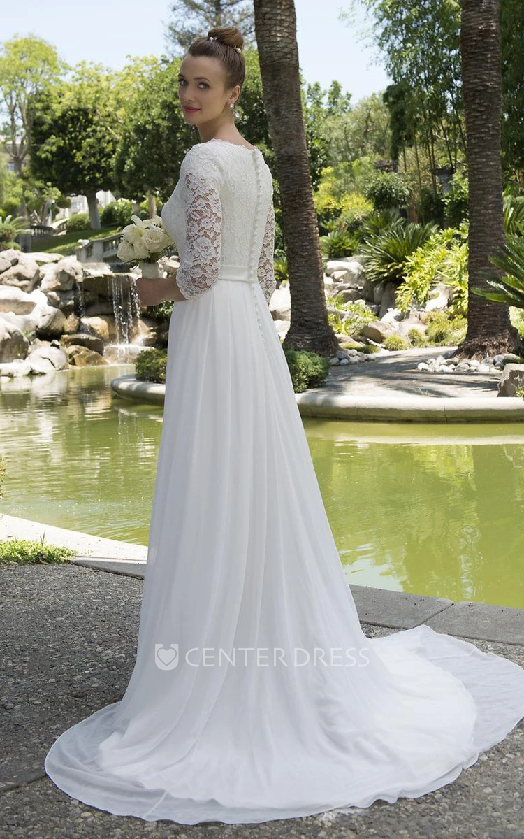 Informal Modest Beach Scoop Neck Lace Chiffon Wedding Dress With 3-4 Sleeves
