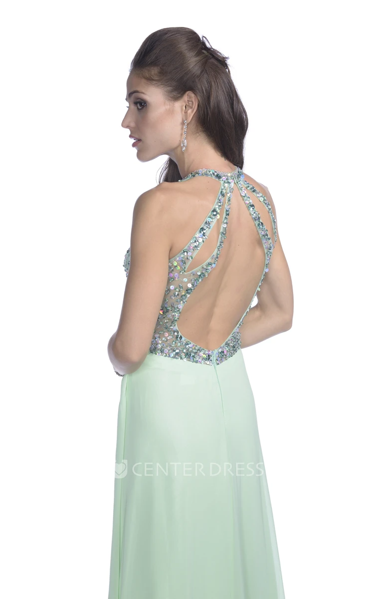 A-Line Chiffon Sleeveless Prom Dress Featuring Crystal Bodice And Keyhole Back