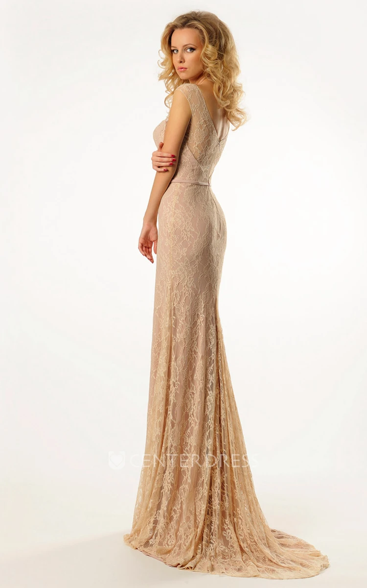 Pencil Appliqued Floor-Length Scoop Sleeveless Lace Prom Dress With Low-V Back And Sweep Train