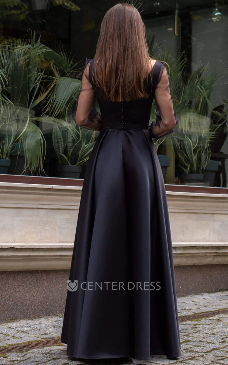 Elegant A Line Satin Floor-length Long Sleeve Formal Dress with Split Front