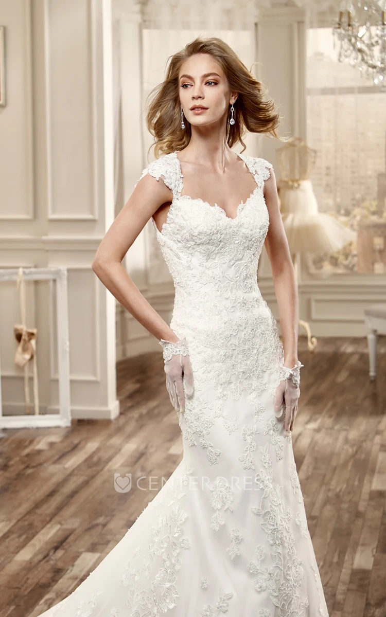 Sweetheart Cap-Sleeve Lace Wedding Dress With Brush Train And Open Back