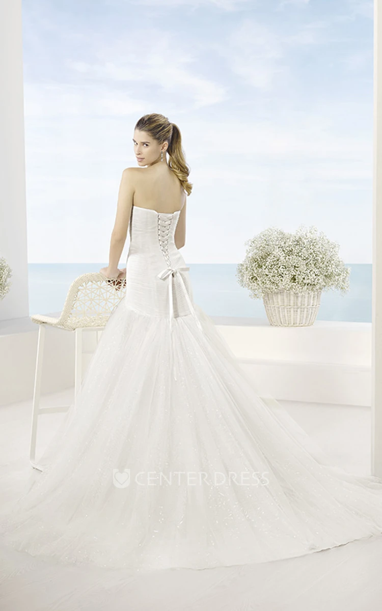 Trumpet Beaded Long Sweetheart Tulle Wedding Dress With Ruching And Bow