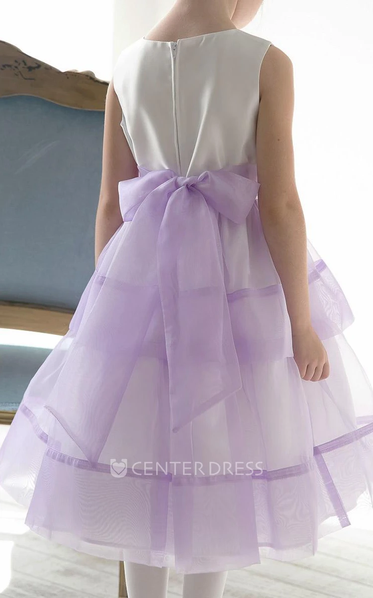 Floral Tea-Length Tiered Beaded Sequins&Organza Flower Girl Dress With Split Front