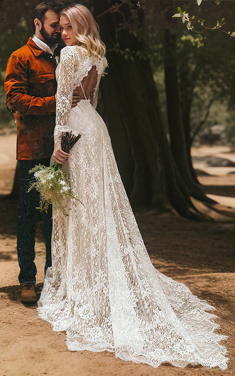 Lace Long Sleeve Boho Floral Vintage V-neck A-Line Wedding Dress with Keyhole Back