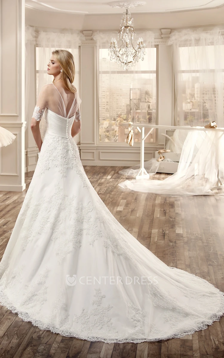Half-Sleeve Lace Long Wedding Dress With Bandage Bodice And Court Train