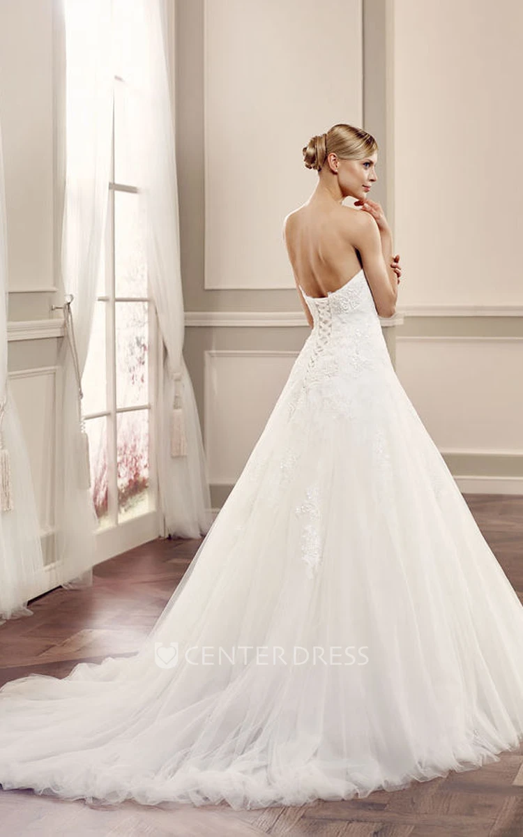 A-Line Long Sweetheart Tulle Wedding Dress With Appliques And Corset Back