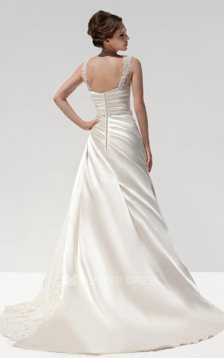 A-Line Strapped Sleeveless Beaded Long Satin Wedding Dress With Side Draping