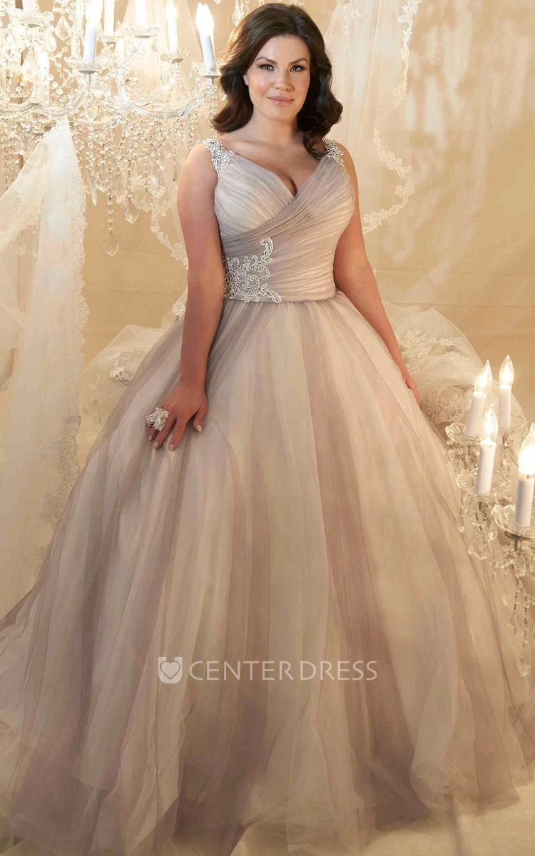 Ball Gown V-Neck Beaded Sleeveless Tulle Plus Size Wedding Dress 