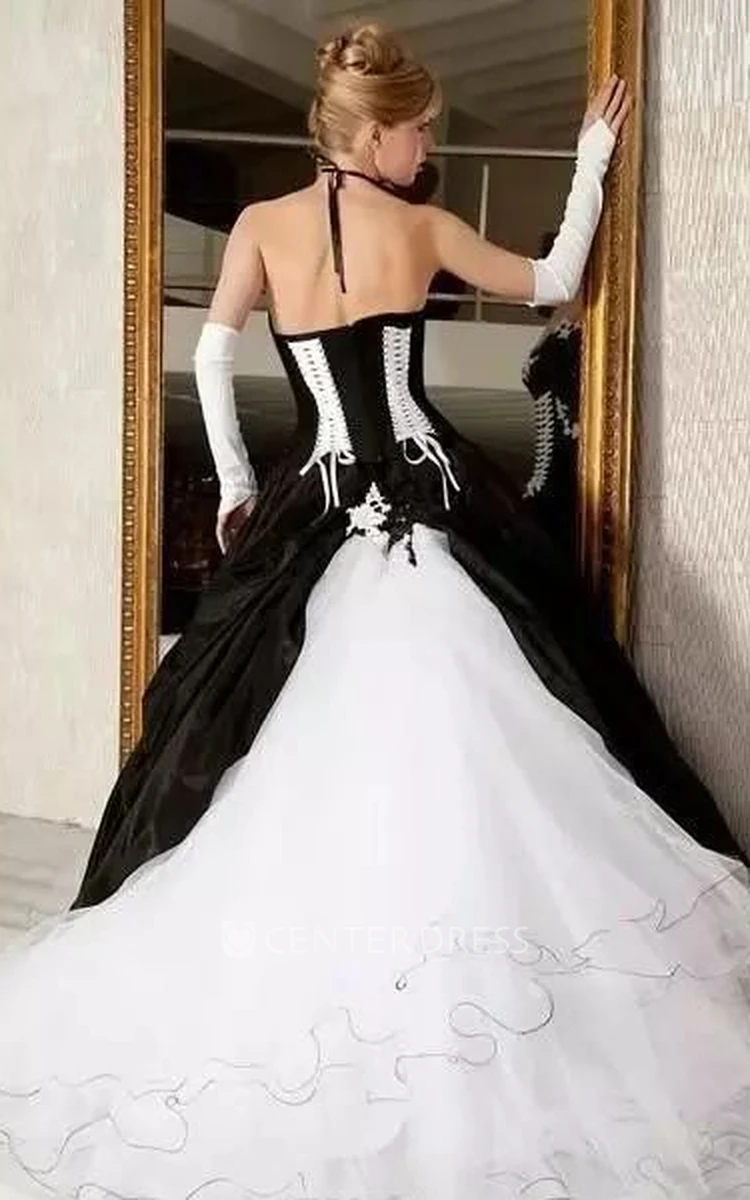 Sleeveless A-Line Sweetheart Organza Taffeta Floor-length Wedding Dress with Appliques and Ruffles