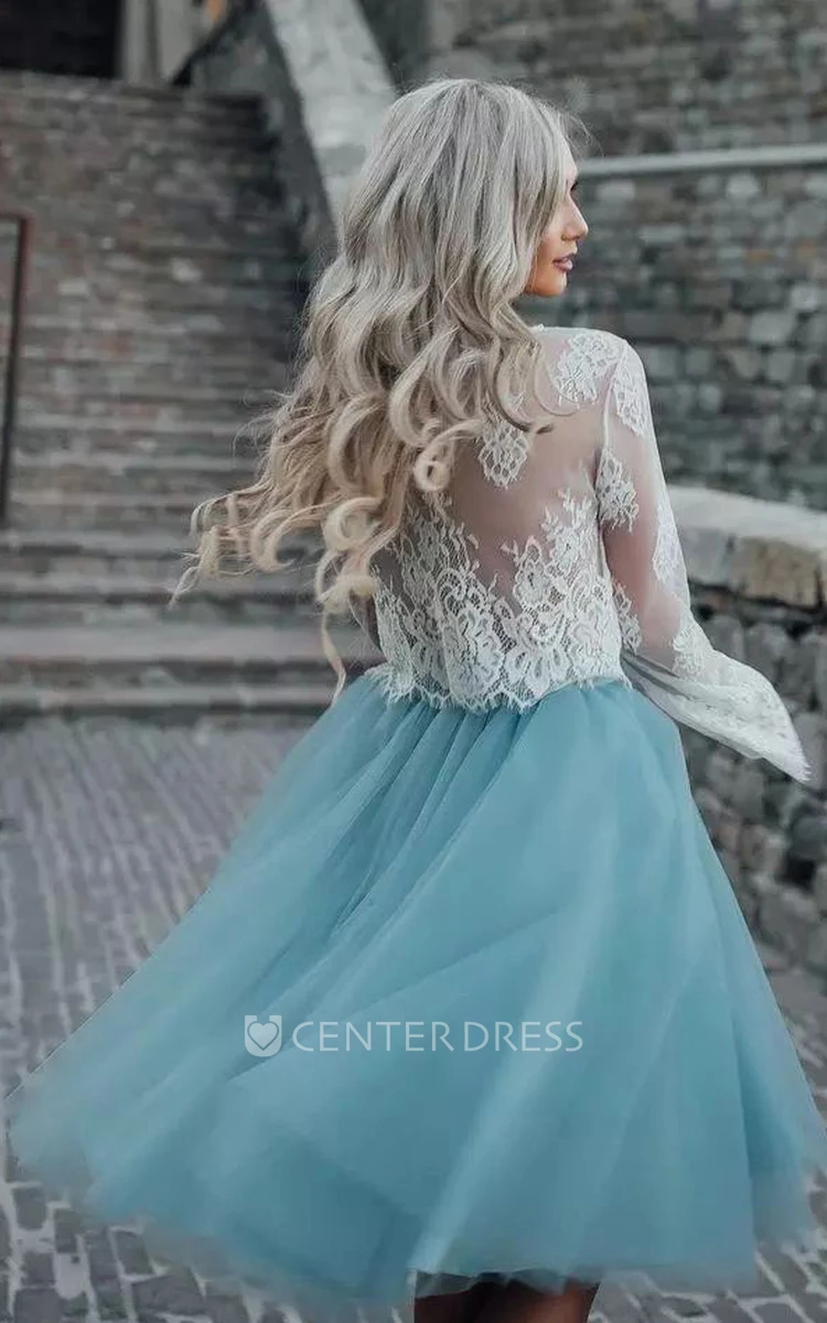 A-line Two Piece Long Sleeve Pleats Tea-length Lace Tulle Homecoming Dress