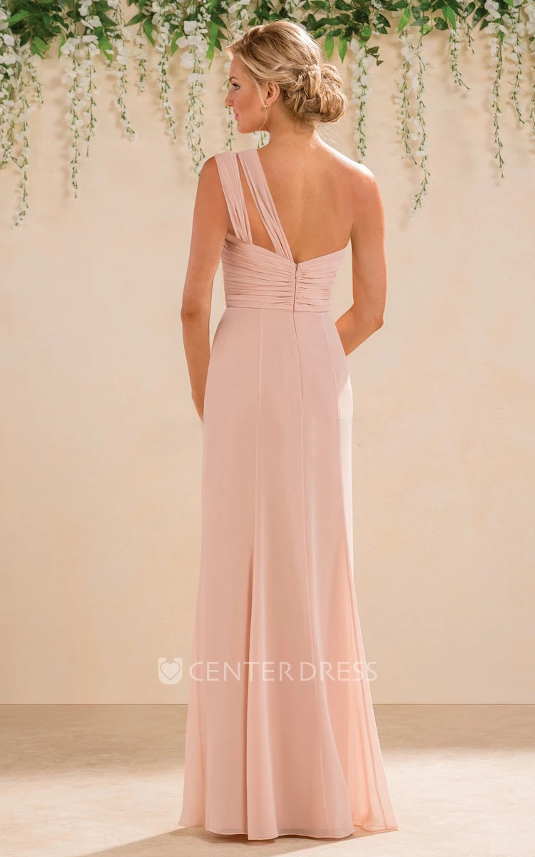 One-Shoulder A-Line Long Bridesmaid Dress With Front Slit And Pleats