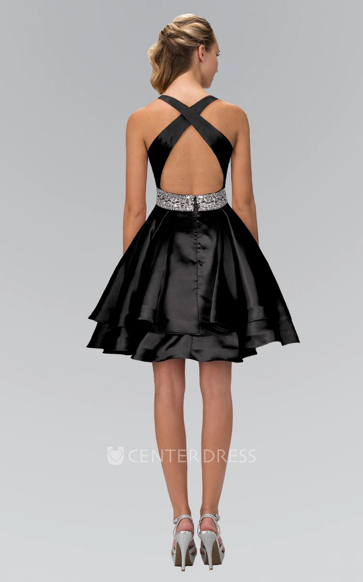 A-Line Short Scoop-Neck Sleeveless Satin Straps Dress With Waist Jewellery And Tiers