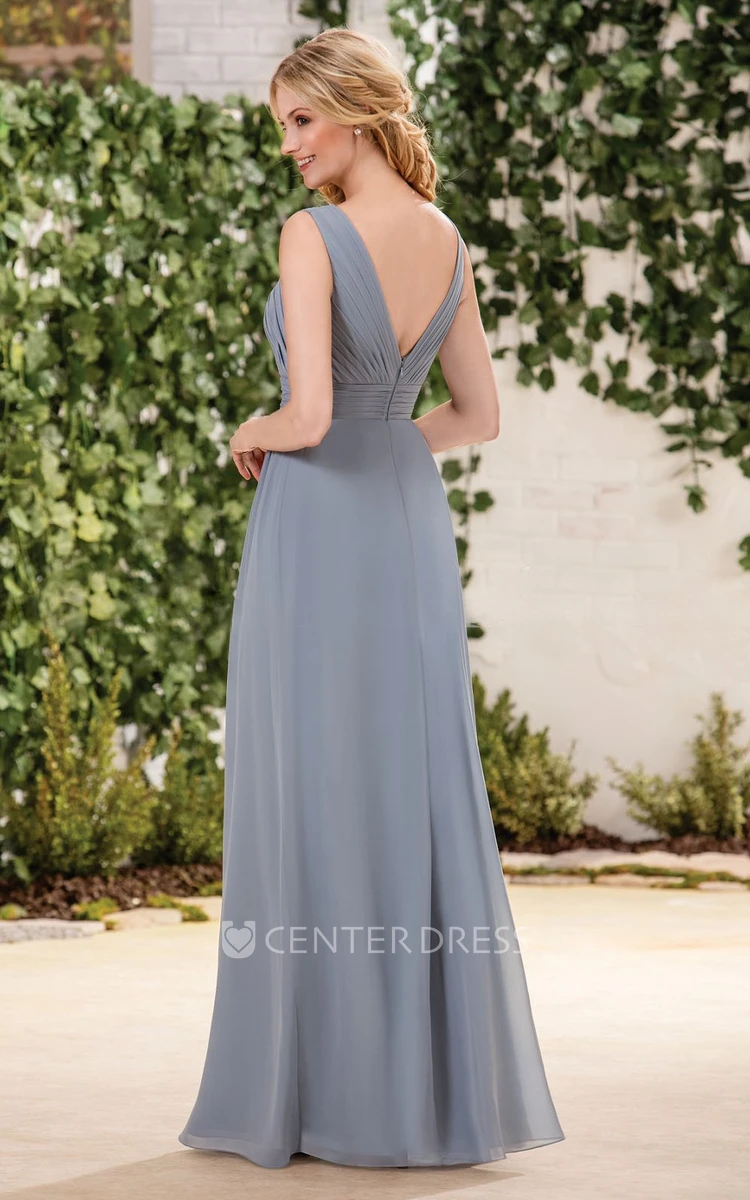 Sleeveless A-Line Chiffon Bridesmaid Dress With Pleats And Low V-Back