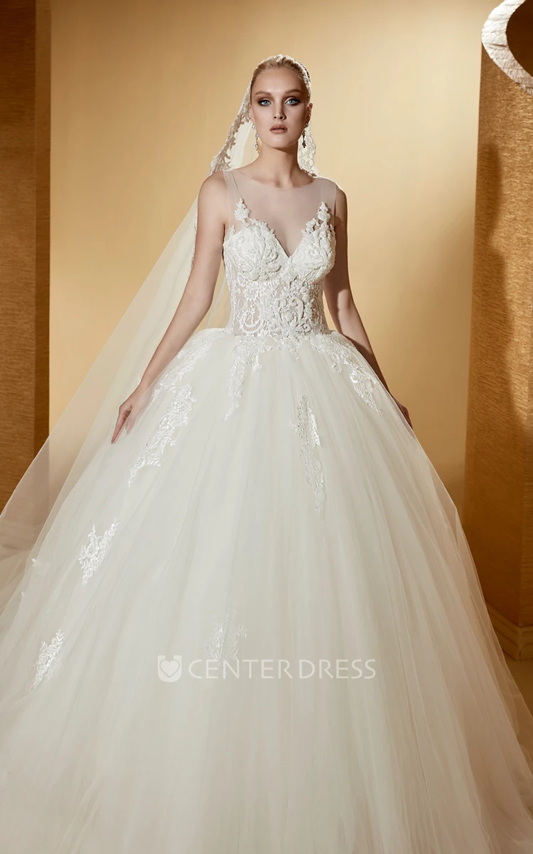 Illusion Cap sleeve Wedding Gown with Fine Appliques and Lace Corset