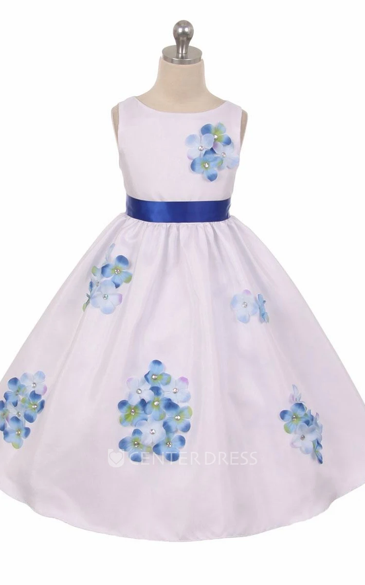 Tea-Length Floral Beaded Floral Flower Girl Dress With Ribbon