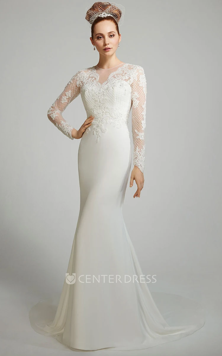 Sheath Long-Sleeve Scoop-Neck Floor-Length Chiffon Wedding Dress With Appliques And Illusion