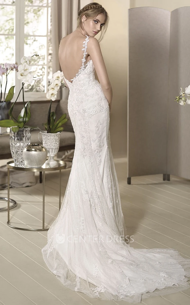 Sheath Spaghetti Sleeveless Floor-Length Appliqued Lace Wedding Dress With Pleats
