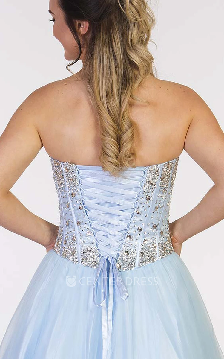 A-Line Sleeveless Maxi Beaded Sweetheart Tulle Prom Dress