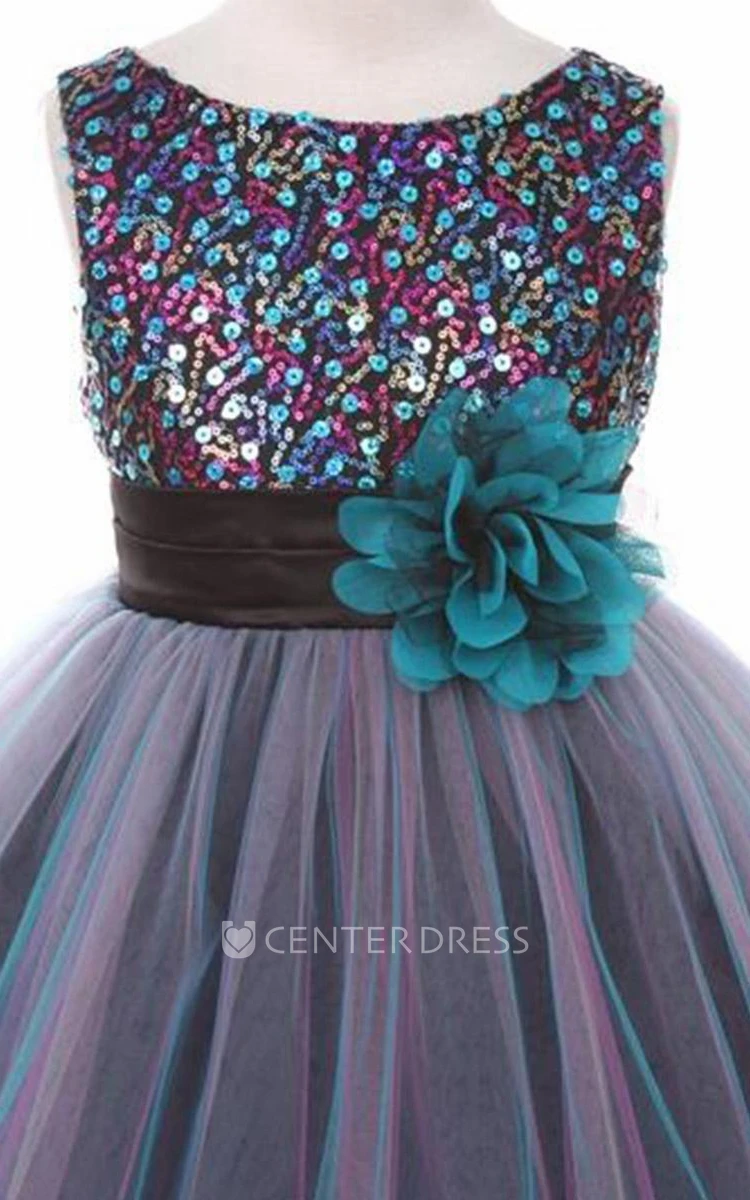 Tea-Length Pleated Tiered Sequins&Satin Flower Girl Dress