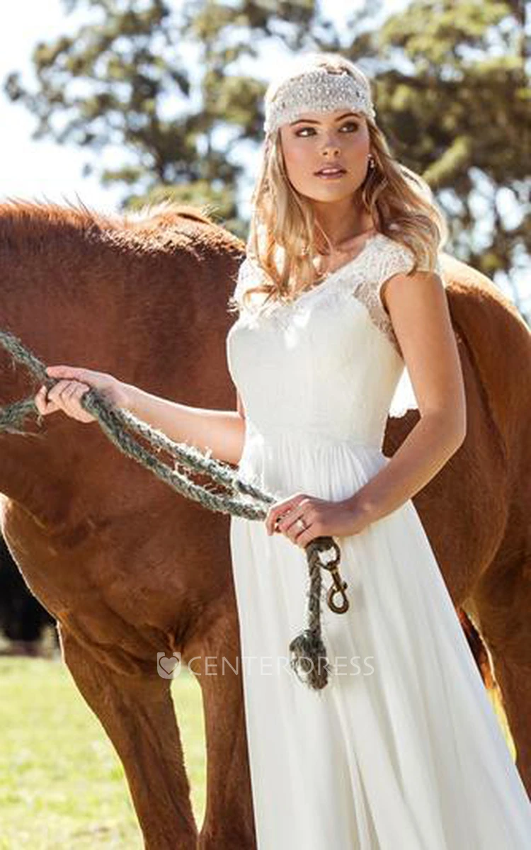 Sheath V-Neck Long Cap-Sleeve Chiffon Wedding Dress With Appliques And V Back
