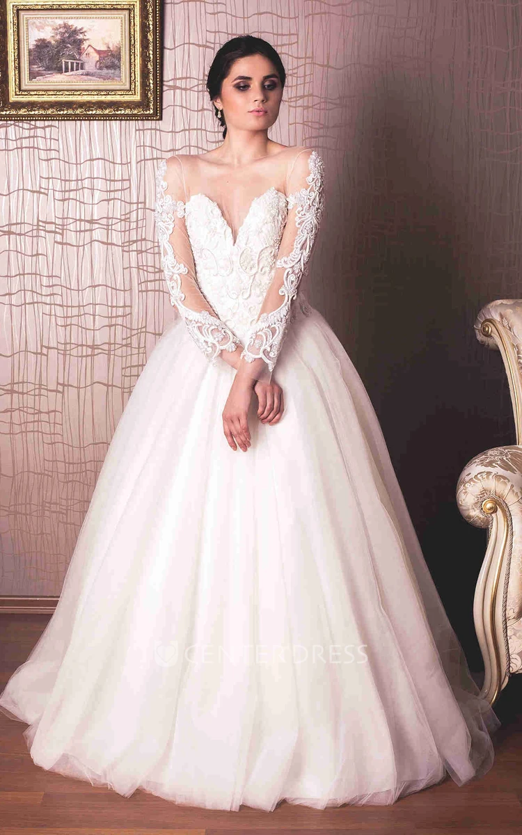 Ball Gown Jewel-Neck Long-Sleeve Tulle Wedding Dress With Illusion