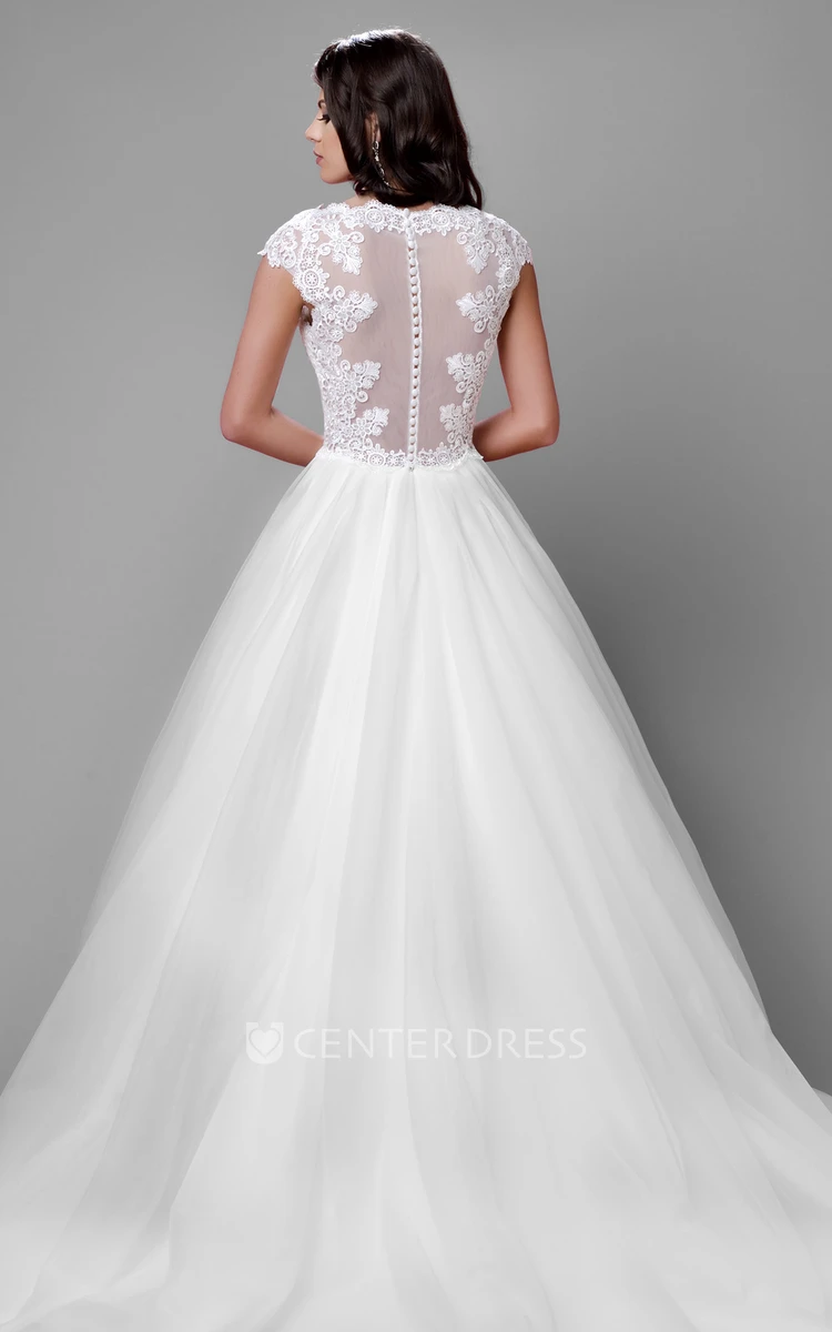 Tulle Cap Sleeve A-Line Wedding Dress With Illusion Back