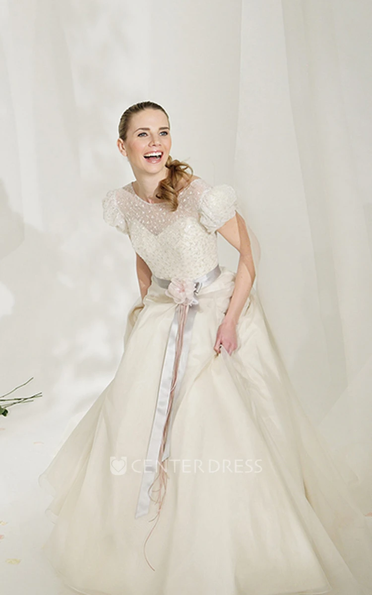 A-Line High Neck Puff-Sleeve Long Tulle&Satin Wedding Dress With Flower And V Back