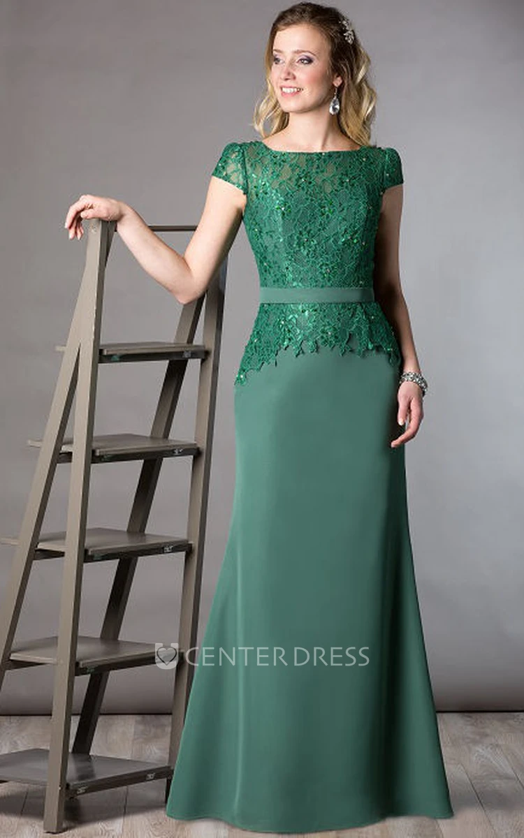 Lace Top Cap Sleeve Sheath Long Mother Of The Bride Dress With Crystal Details