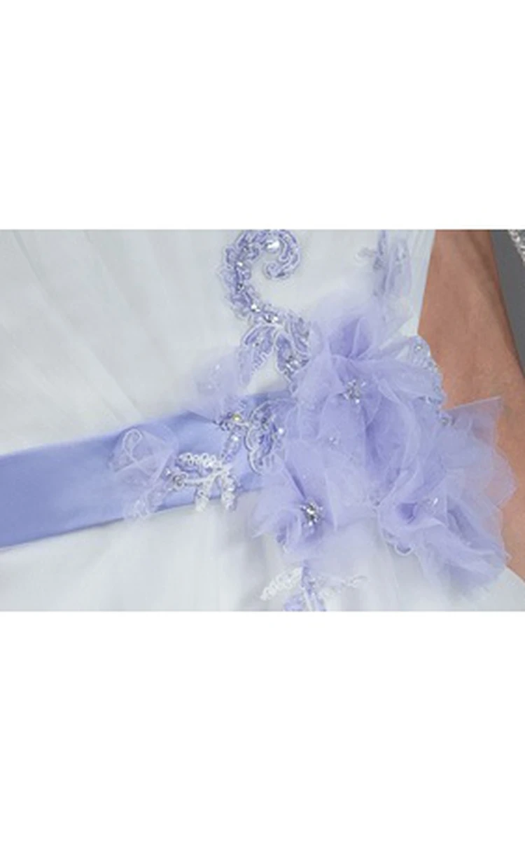 Strapless A-line Organza Bridal Gown With Purple Flower Sash