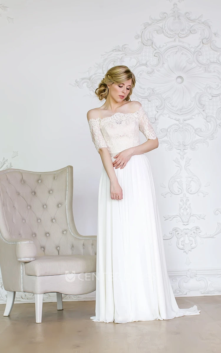 Off-the-shoulder A-line Chiffon Wedding Dress With Lace Bodice