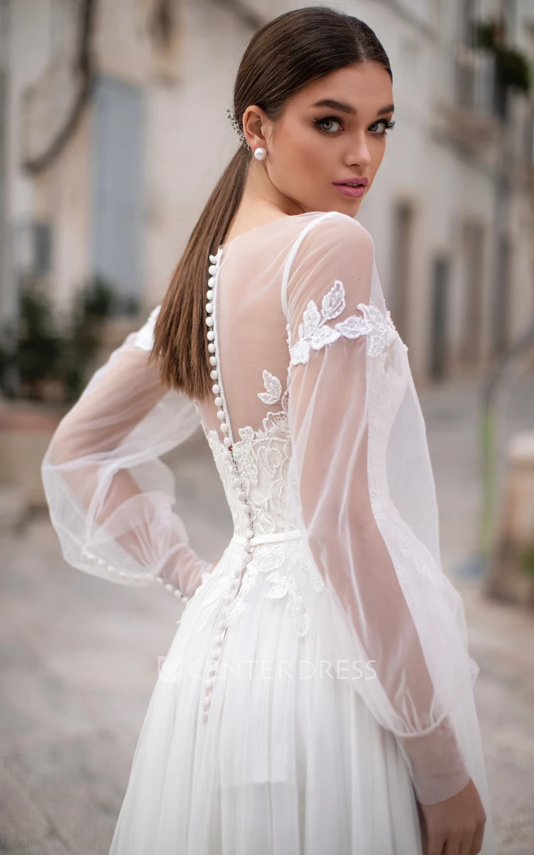 Ethereal Tulle Bateau Neck Illusion Long Sleeve Long Bridal Gown