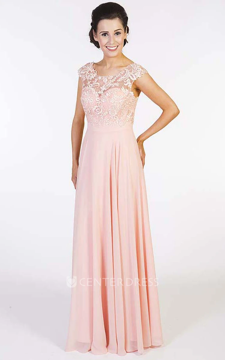 Embroidered Scoop-Neck Floor-Length Cap-Sleeve Chiffon Prom Dress
