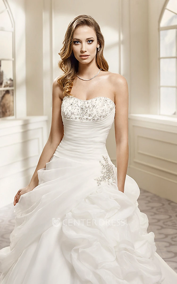 A-Line Pick-Up Strapless Organza Wedding Dress With Beading