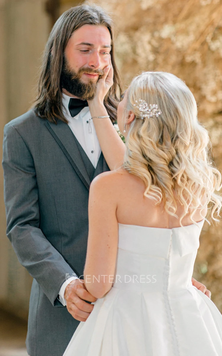 Satin Ball Gown Strapless Beach Romantic Wedding Dress With Chapel Train And Button Back