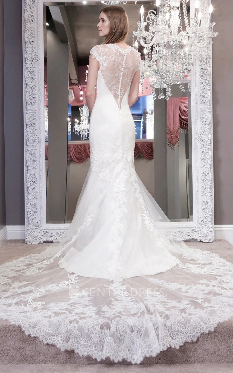 Trumpet V-Neck Cap-Sleeve Floor-Length Lace Wedding Dress With Appliques And Illusion