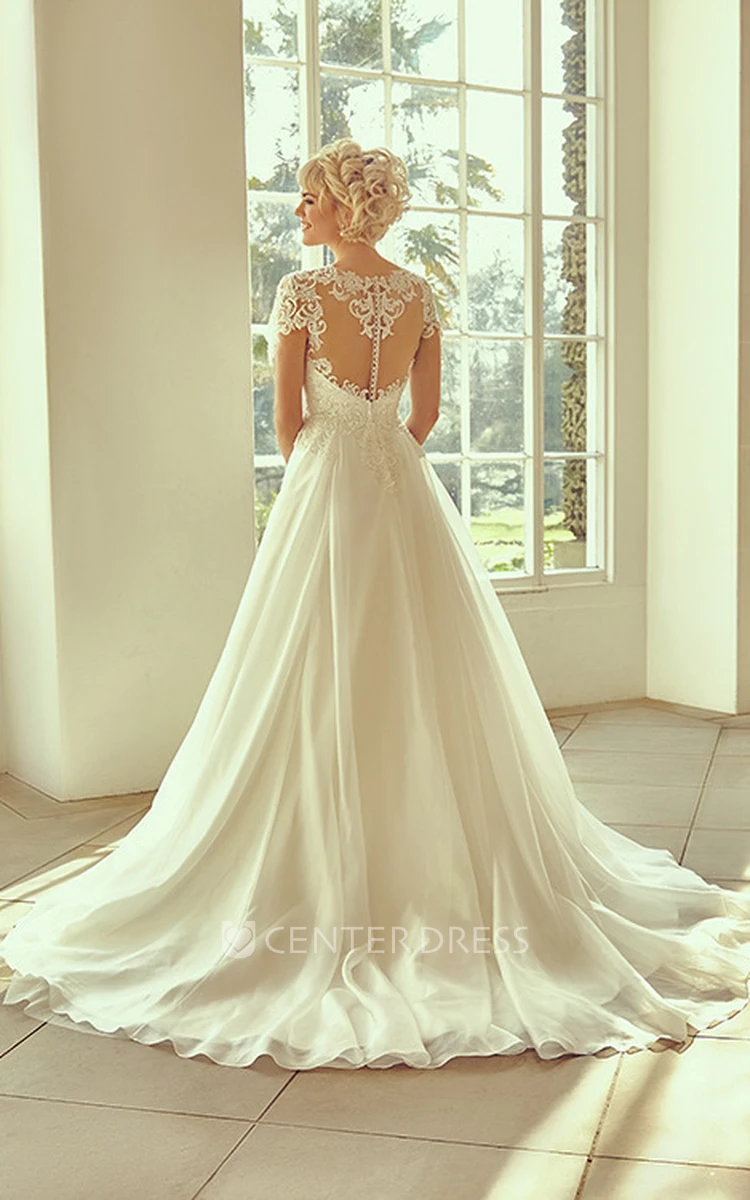 Long Notched Appliqued Cap-Sleeve Lace&Chiffon Wedding Dress