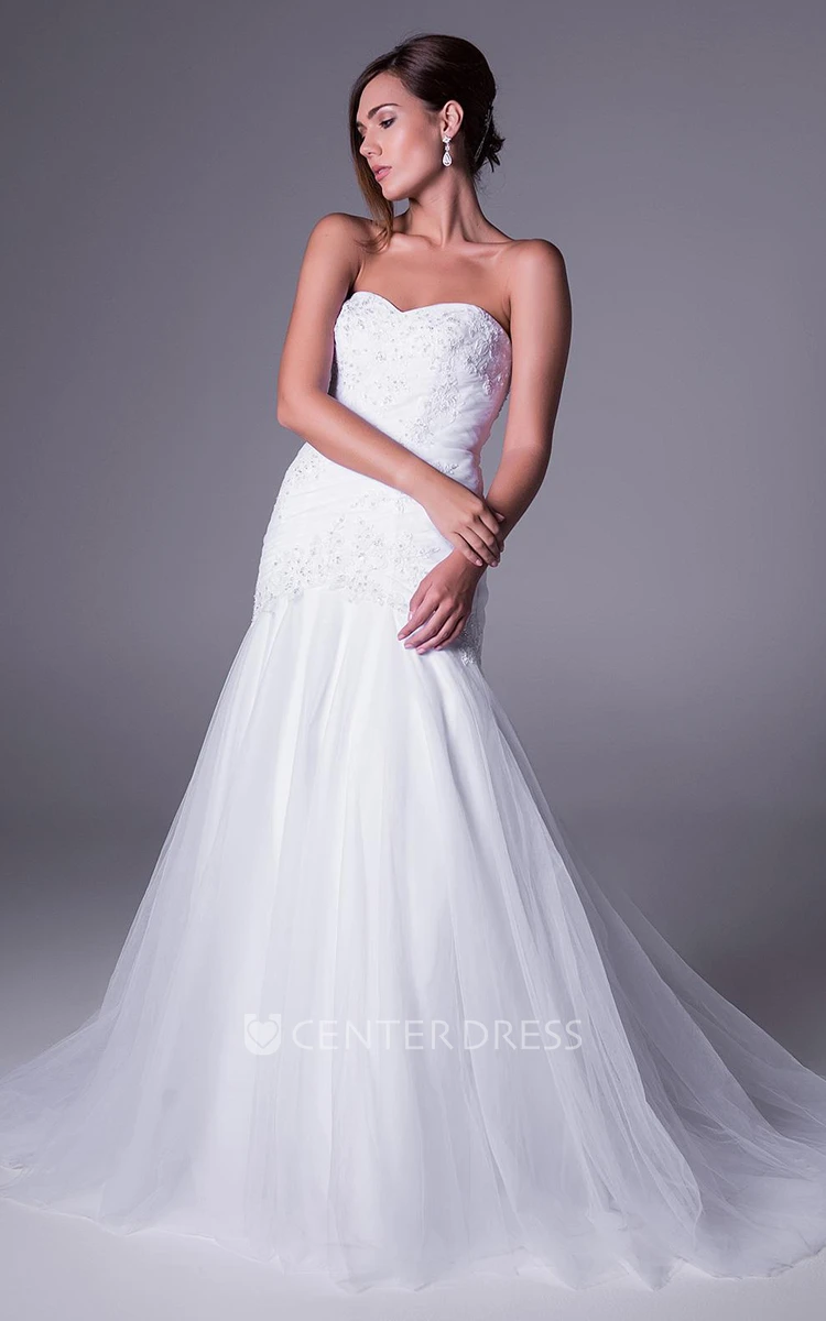 A-Line Long Sweetheart Beaded Tulle Wedding Dress With Ruching And V Back