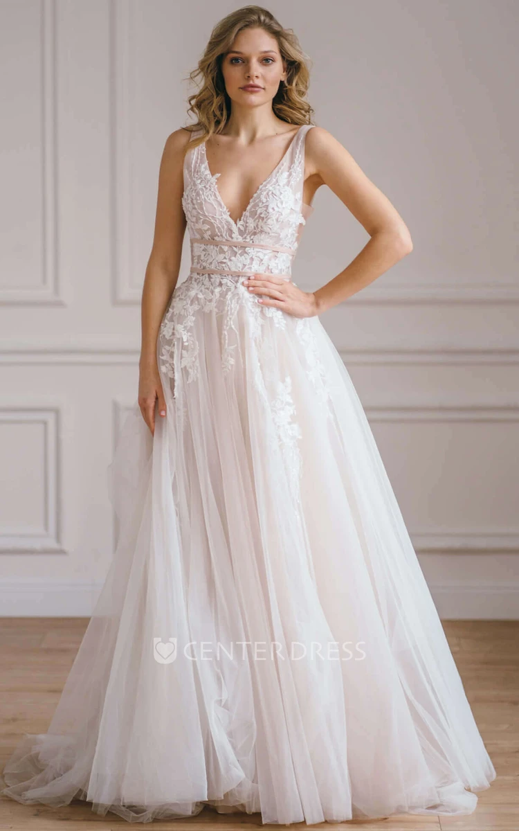 Elegant V-neck A Line Tulle Sleeveless Floor-length Wedding Dress with Bow