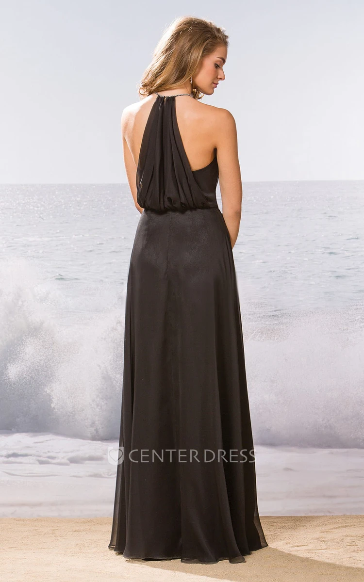 High Jeweled Neck A-Line Bridesmaid Dress With Pleats And Illusion Style