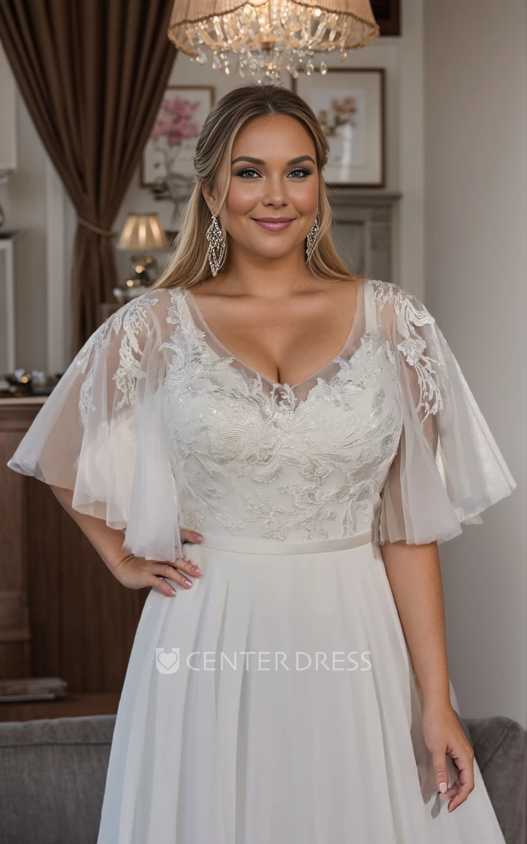 Rustic Modest A-Line Plus Size Boho Lace Appliques Wedding Dress Floral Country V-Neck Illusion Back Bridal Gown with Sash