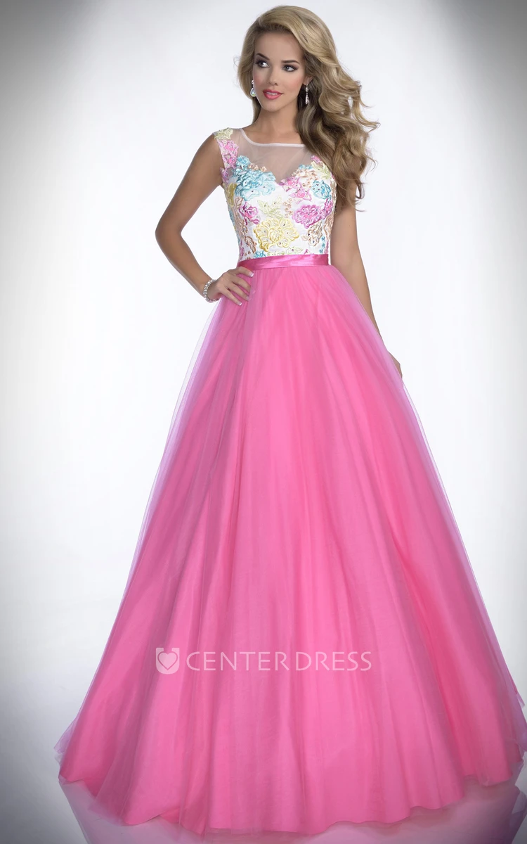 Embroidered Bodice A-Line Tulle Prom Dress With Bateau Neck